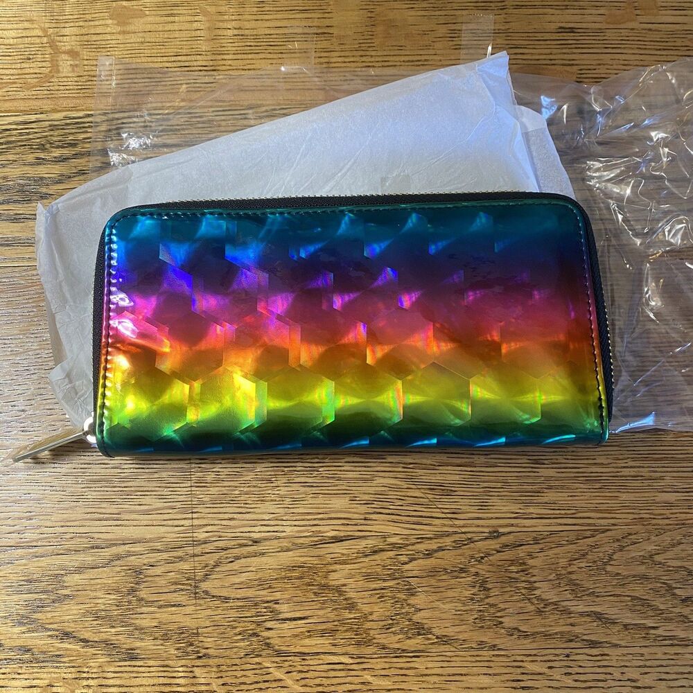 Womens Rainbow Metallic Zip Around Wallet Credit Card/Cash/Coin NWOT